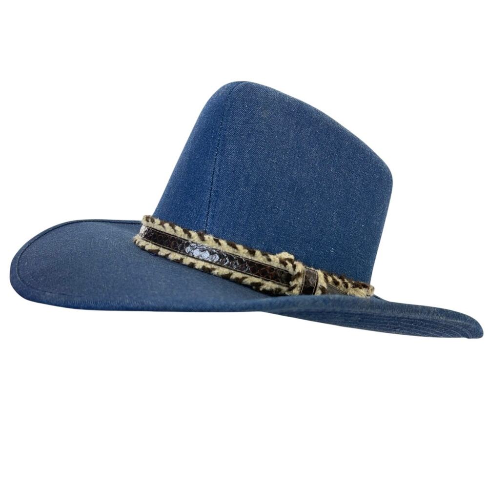 Vintage 1990s Lansing Workman Blue Cotton Western Cowboy Hat Leopard Band Unisex